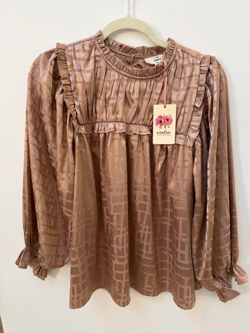 Entro NWT Womens Iced Mocha Ruffle Long Sleeve Top - Size S